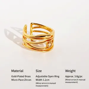 French vintage multilayered gold-plated open ring with micro-set zircon accents