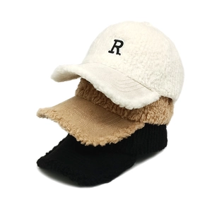 Casquette De Baseball En Laine D'agneau Pour Femme Broderie Lettre R Chaude Polaire Teddy Chapeau Mode Décontracté