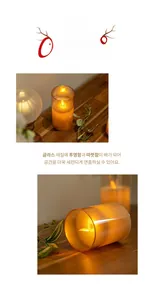 Detail of warm LED candle light in amber translucent glass on a wooden table setup