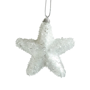 Sparkly white foam Christmas star ornament with silver glitter for holiday tree decoration