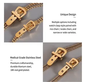 Detail of 18K gold plated titanium steel bracelet with rice and box chain buckle