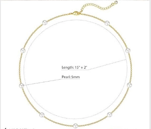 Detail of 5mm gold pearl necklace showing 15 plus 2 inch adjustable chain and lobster clasp