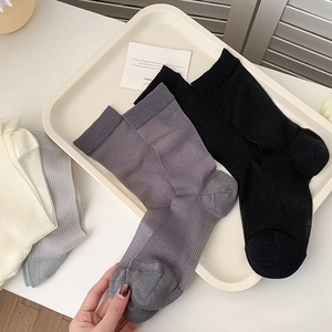 Women Crew Socks Transparent Mesh Nylon Spandex Breathable Thin Vertical Ribbed Elegant Simple Lightweight
