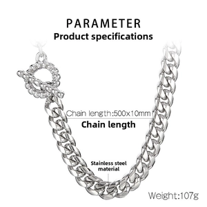 Detail of 10mm wide stainless steel Cuban link bracelet with toggle clasp and size specs