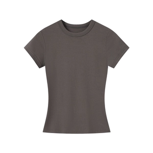 Close-up of charcoal grey slim fit modal t-shirt showing fine knit texture and neckline