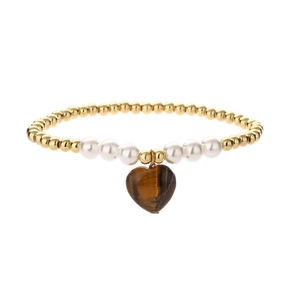 Beaded bracelet with white pearls, gold beads and a heart-shaped tiger eye stone pendant