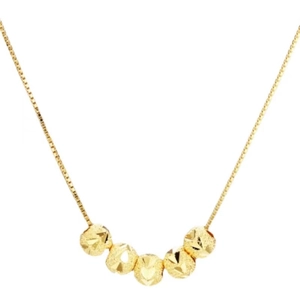 Elegant gold necklace with five faceted lucky beads on a delicate box chain
