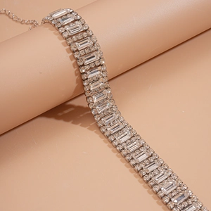 Elegant silver-colored geometric choker necklace with large rectangular crystal rhinestones