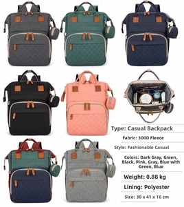 Detailed specs of the 300D matte mommy backpack showing dimensions and color variants