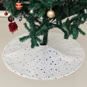 White Christmas tree skirt with gold and black star prints in soft plush fabric texture