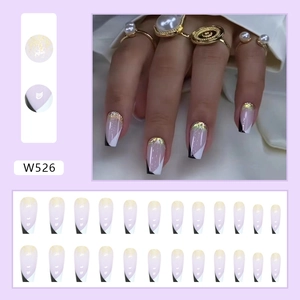 Détails de 24 faux ongles French lila et blanc avec paillettes dorées, modèle W526