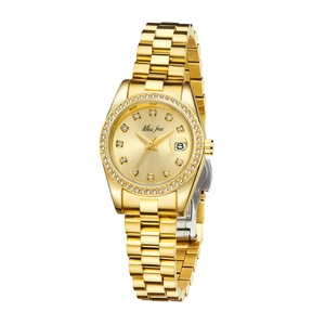Women's gold tone quartz watch with crystal bezel and stainless steel strap on white background