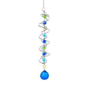 Detail of silver spiral wind spinner with colorful crystal beads and blue faceted teardrop