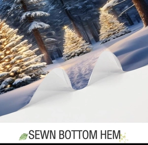 Detail view of the sewn bottom hem on a winter Christmas forest snow scenery shower curtain