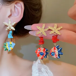 Oceanic Starfish Fish Dangle Earrings Colorful Beads 925 Sterling Silver Earring Post Summer Beach Vacation Style