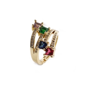 Bague ajustable en cuivre plaqué or avec zircons cubiques colorés et pavage en micro-sertis