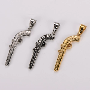 Retro stainless steel pistol pendant necklace in silver, gun-grey, and gold with floral engraving