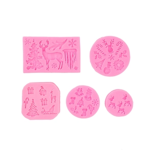 5-piece pink silicone fondant molds with Christmas reindeer, trees and snowflakes patterns