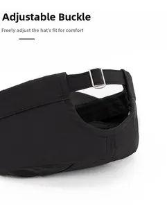 Detail of adjustable metal buckle and breathable quick-dry fabric on back of black cap