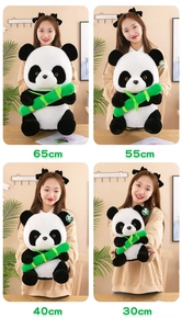 Comparison of four panda plush toys holding bamboo in sizes 30cm, 40cm, 55cm, and 65cm