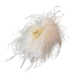 Elegant ostrich feather hair claw clip in white and pink with transparent grip