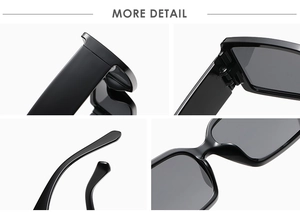 Detail view of square black sunglasses showing hinges and integrated nose pads