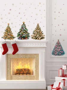 Christmas wall stickers featuring colorful trees and snowflakes over a cozy fireplace