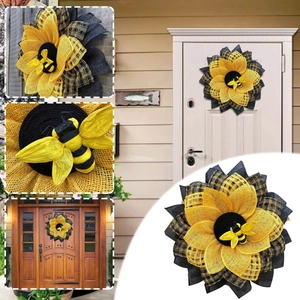 Decorative sunflower bee wreath made of yellow and black mesh fabric for wall hanging