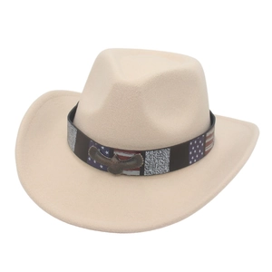Beiger Cowboyhut aus Wollfilz mit Adler-Emblem und Band im US-Flaggen-Design