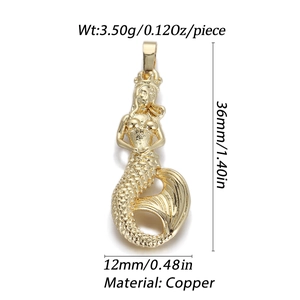 Detailed view of gold mermaid pendant with dimensions 36mm x 12mm and copper material