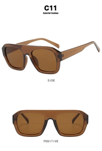 Detailed side and front view of brown square oversized sunglasses with C11 frames