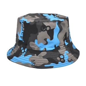 Detailed view of blue camouflage bucket hat with March 8 text print and fine stitching