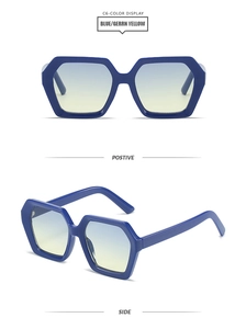 Front and side view of hexagonal blue frame sunglasses with blue-yellow gradient lenses