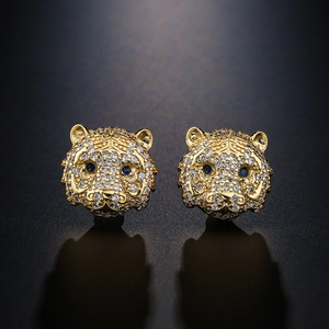 Tiger Head Stud Earrings Copper 18K Gold Plated Micro Paved White Zircon Blue Eyes Animal Jewelry For Women Luxury
