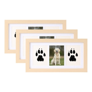 Three-piece wood frame pet paw print keepsake set with white three-hole mat inserts