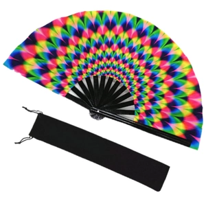 Detail of psychedelic rainbow pattern hand fan with black bamboo ribs and velvet pouch