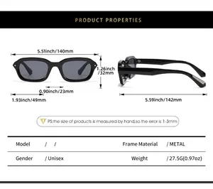 Size chart for slim rectangular punk metal sunglasses showing detailed frame dimensions
