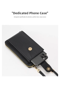 Close-up of black litchi leather crossbody phone bag with gold zipper and front pocket