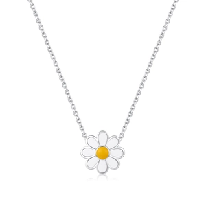 Minimalist s925 silver daisy pendant necklace with white enamel and yellow core for women