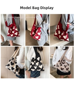 Detail shots of knit heart patterned tote bags in red, black, and coffee color schemes