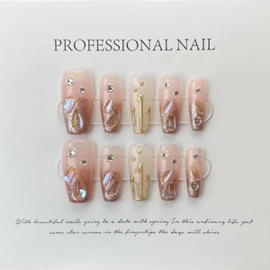 Handmade Press On Nails Long Coffin Shape Pink Gradient Rose Gold Glitter Rhinestones 3D Gold Embossed Luxury Design