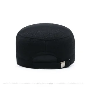 Rear detail of black winter military cap with adjustable metal buckle strap for men