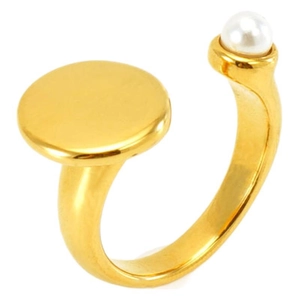 Adjustable golden stainless steel open ring with white pearl and flat circular disc