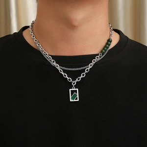 Zweilagige Edelstahl-Halskette mit grünem quadratischem Edelsteinanhänger für Damen und Herren