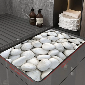 Detail showing 50x80cm dimensions of 3D pebble pattern bath mat in a bathroom setting