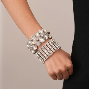 Wide Elastic Bracelet Alloy Rhinestone Water Drop Multi Row Luxury Statement Jewelry For Women Wedding Party