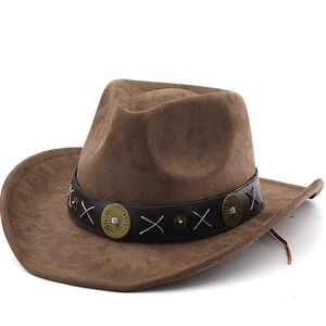 Chapeau De Cowboy Occidental Large Bord Suède Fedora Avec Bande En Cuir Conchos Métal Style Bohème Rétro Pour Hommes Femmes