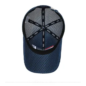 Internal view of navy mesh baseball cap with reinforced branding tape and metal buckle