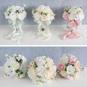 Artificial Wedding Bouquet Satin Rose Dahlia With Long Ribbons Bridal Hand Flowers For Ceremony Photography Forest Style