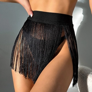 Sexy black fringe bikini cover-up skirt with elastic waistband for beach vacation
